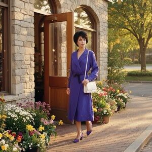 Women’s 1980s Long Sleeve Classic Wrap Dress Purple Silk Dress with Belt